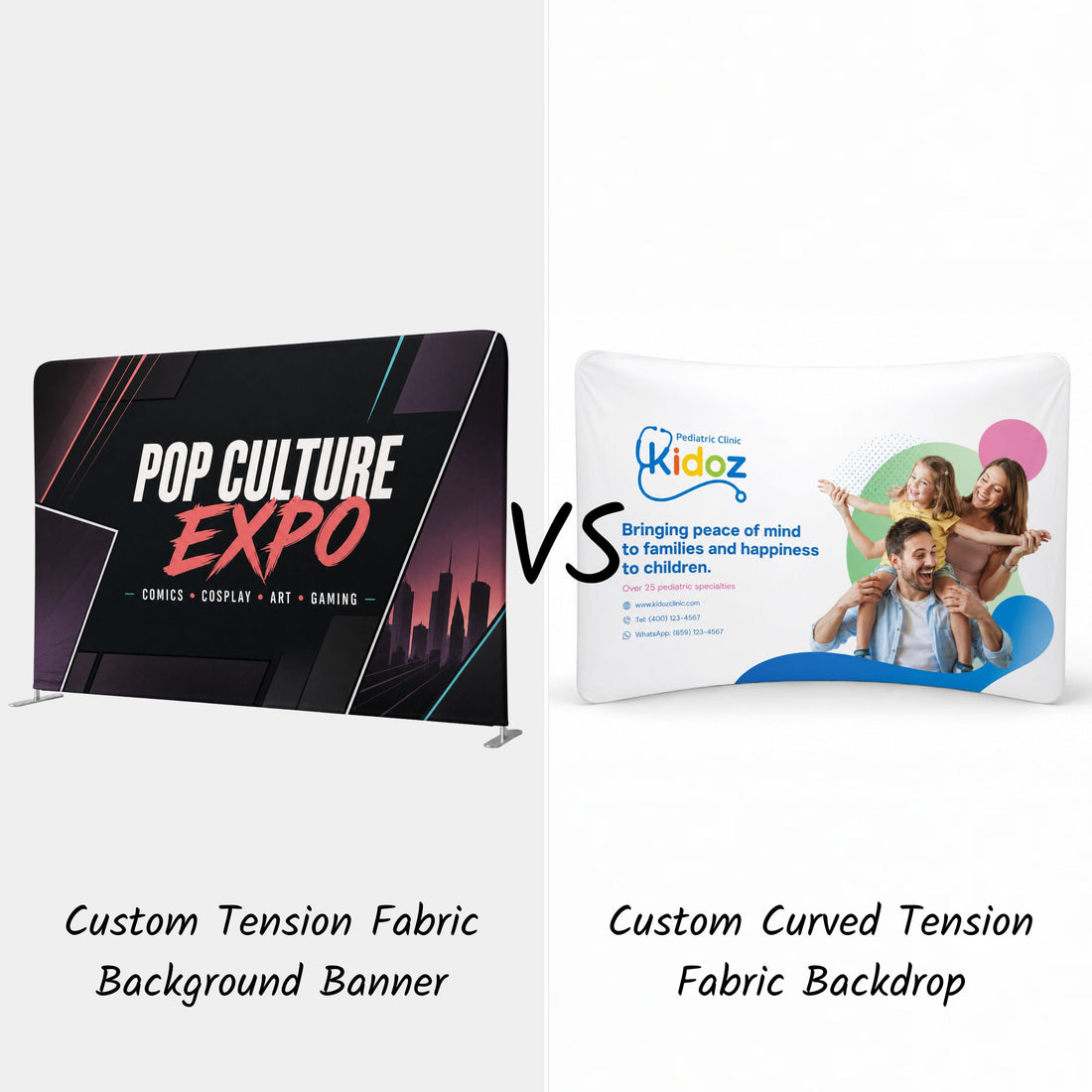 Straight and curved tension fabric trade show backdrops shown side by side