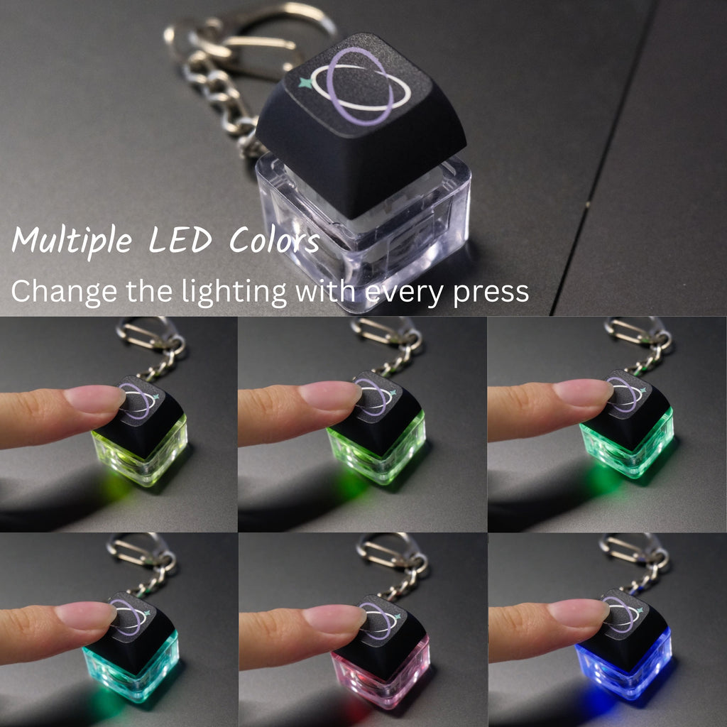 Front view of custom clickable LED keycap keychains with printed designs