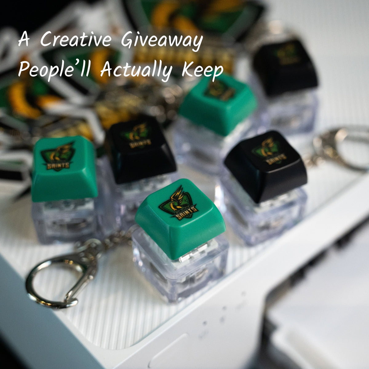 Custom clickable LED keycap keychain product photo with personalized keycap design