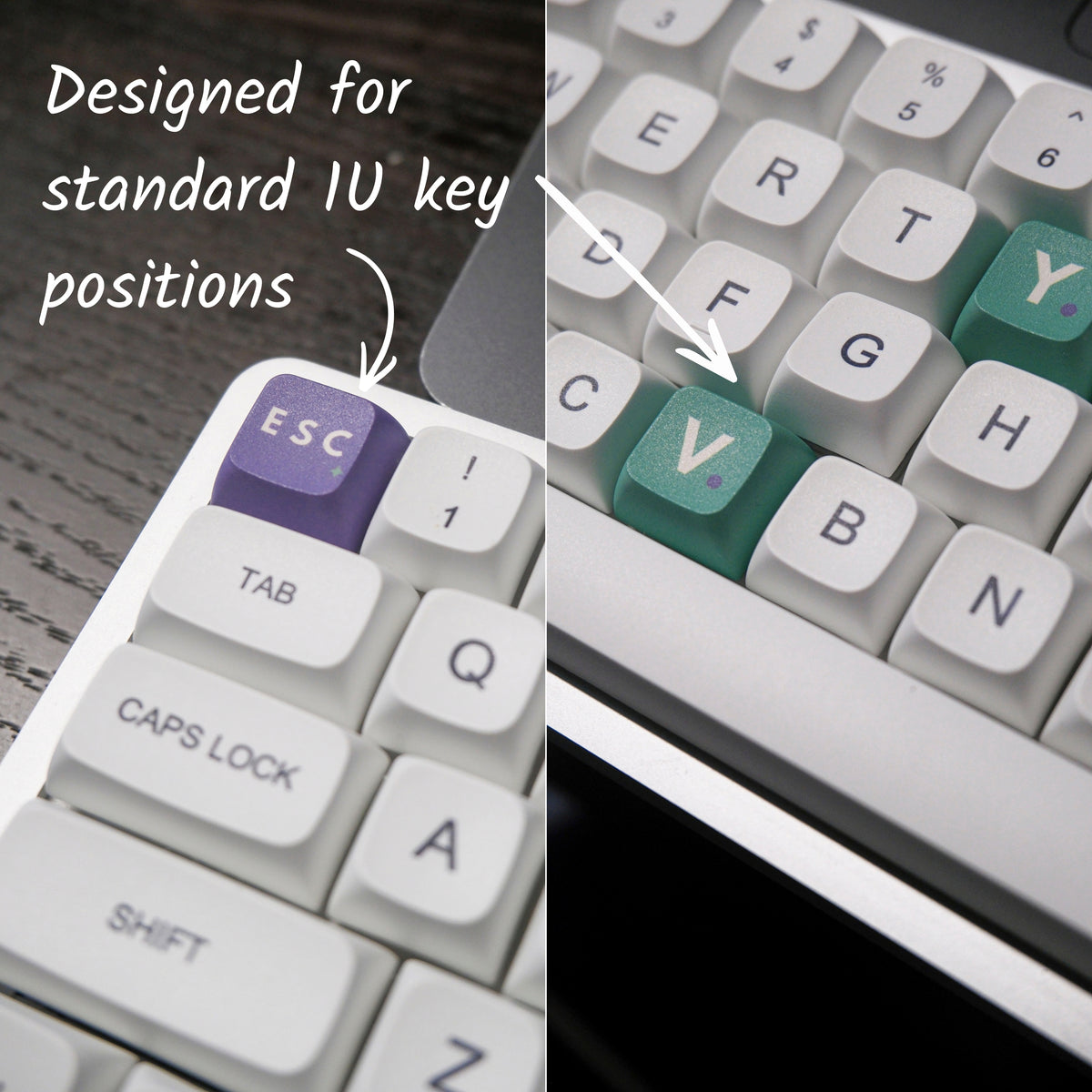 Green custom LED keycap keychain glowing on a purple backlit mechanical keyboard