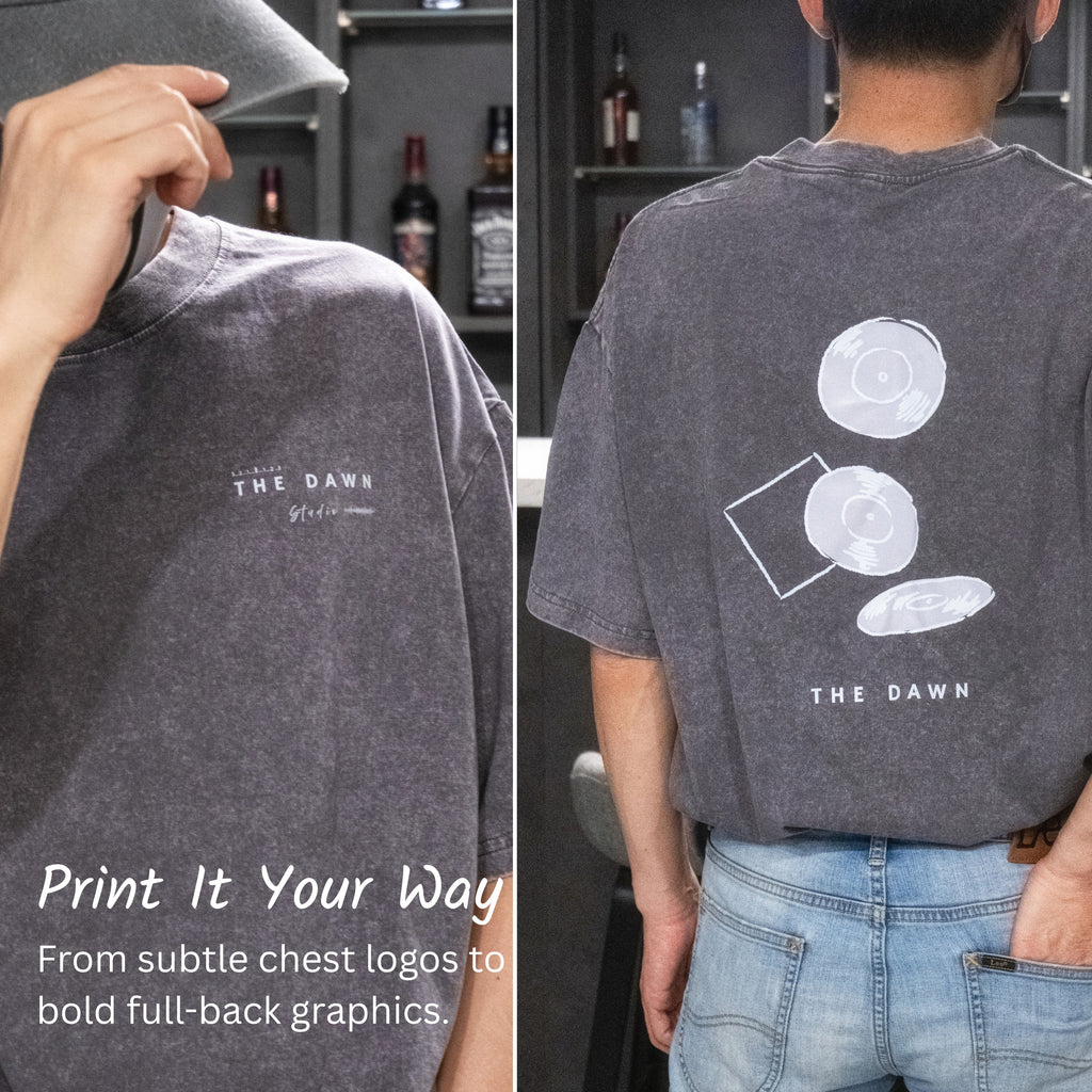 Custom washed T-shirt showing small front artwork and a large back print.