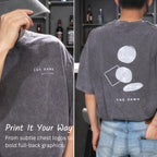 Custom washed T-shirt showing small front artwork and a large back print.