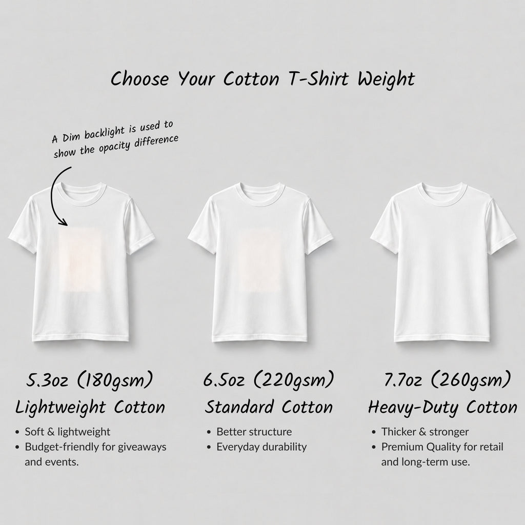 Cotton T-shirt weight guide comparing 180, 220 and 260 GSM fabrics.