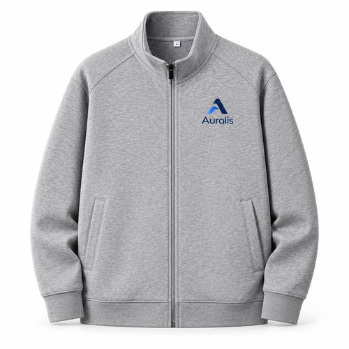 Gray custom full-zip sweatshirt with a stand collar, front pockets and a small chest logo.
