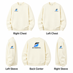 圆领卫衣 logo placement guide: Right Chest, Left Chest, Left Sleeve, Back Center, Right Sleeve