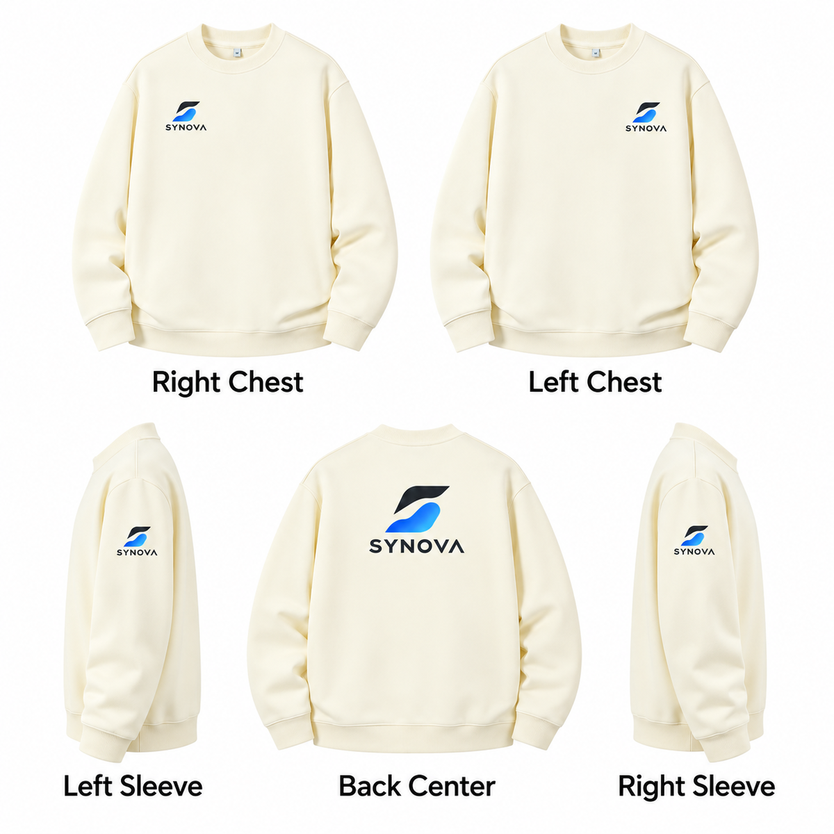 圆领卫衣 logo placement guide: Right Chest, Left Chest, Left Sleeve, Back Center, Right Sleeve