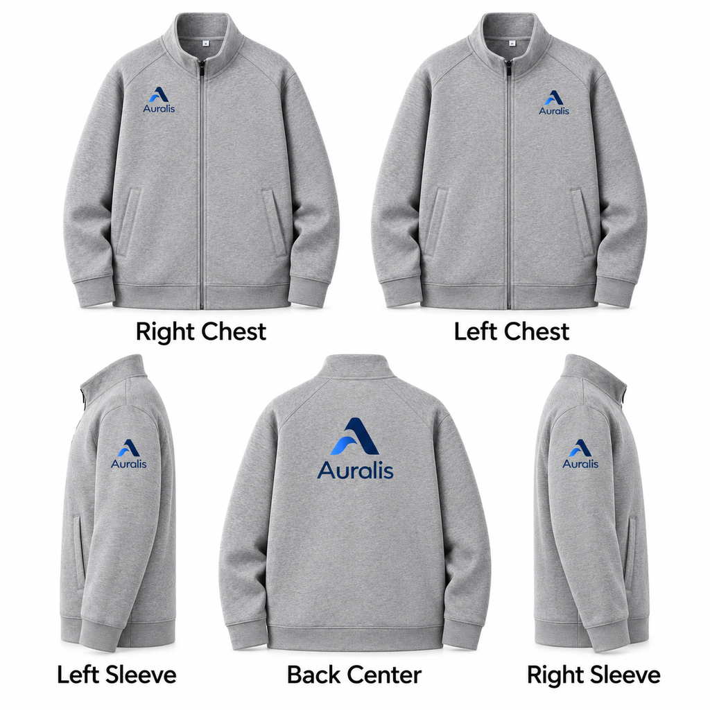 全拉链卫衣 logo placement guide: Right Chest, Left Chest, Left Sleeve, Back Center, Right Sleeve