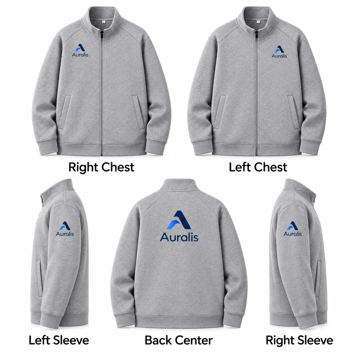 全拉链卫衣 logo placement guide: Right Chest, Left Chest, Left Sleeve, Back Center, Right Sleeve