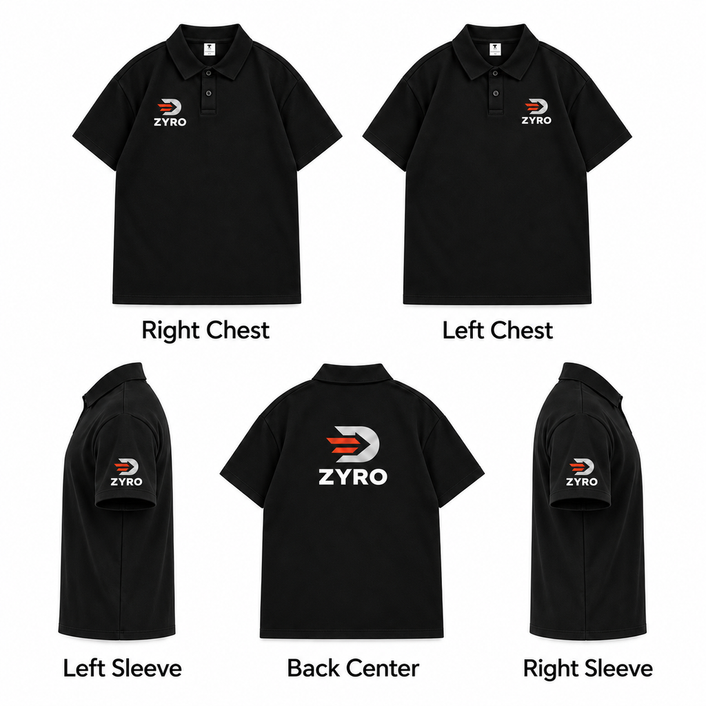 Custom 240 GSM Cotton Polo Shirt logo placement guide: left chest, right chest, left sleeve, back center and right sleeve