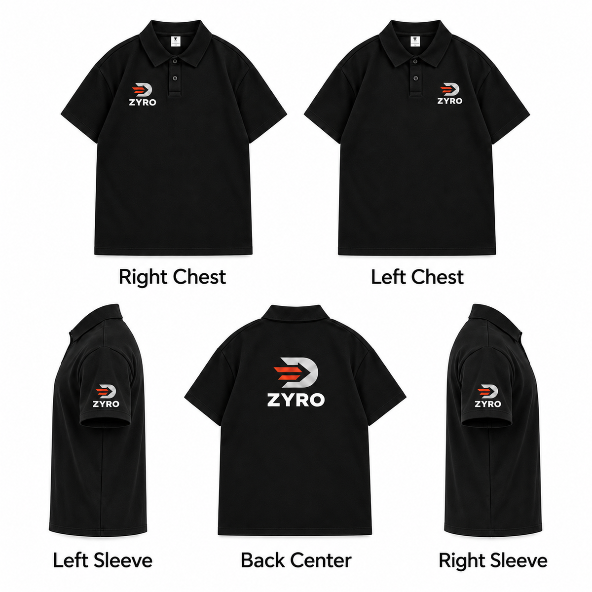 Custom 240 GSM Cotton Polo Shirt logo placement guide: left chest, right chest, left sleeve, back center and right sleeve
