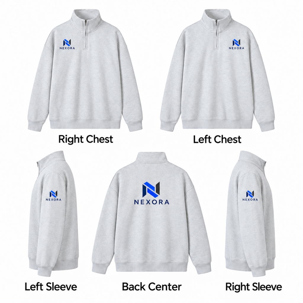 Custom 350 GSM Quarter-Zip Sweatshirt NEXORA logo placement guide: right chest, left chest, left sleeve, back center and right sleeve