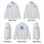 Custom 350 GSM Quarter-Zip Sweatshirt NEXORA logo placement guide: right chest, left chest, left sleeve, back center and right sleeve