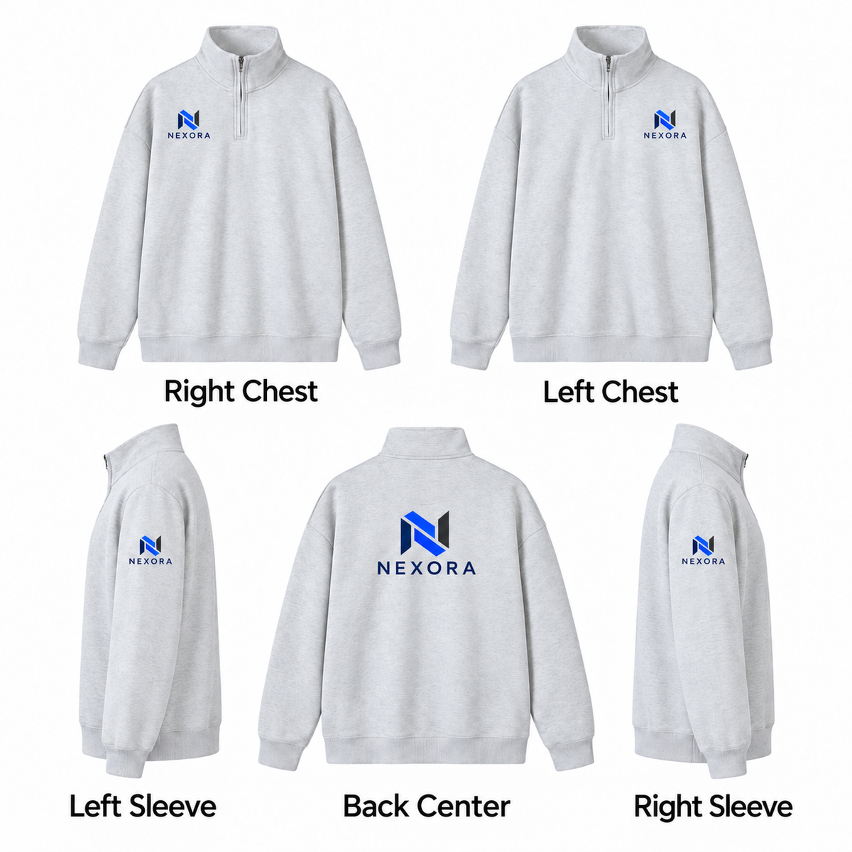 Custom 350 GSM Quarter-Zip Sweatshirt NEXORA logo placement guide: right chest, left chest, left sleeve, back center and right sleeve