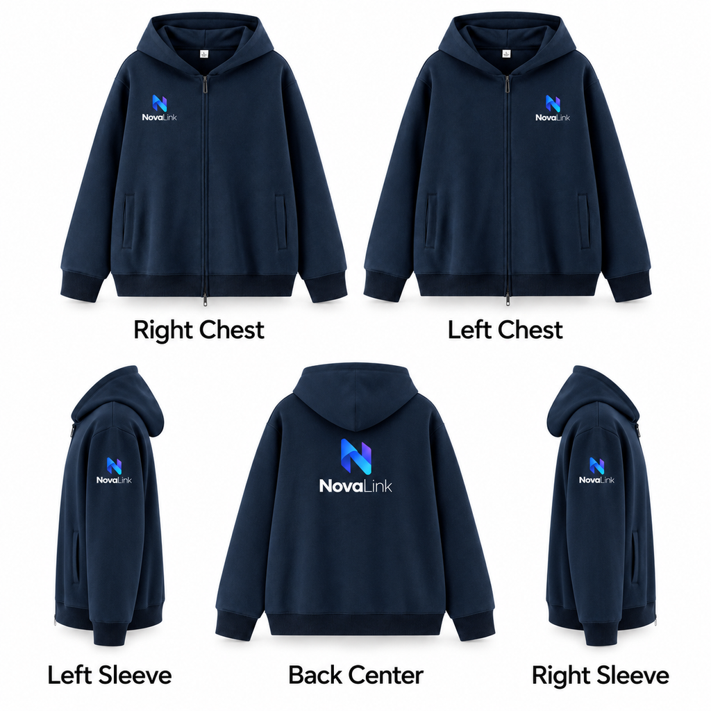 双向拉链连帽卫衣 logo placement guide: Right Chest, Left Chest, Left Sleeve, Back Center, Right Sleeve