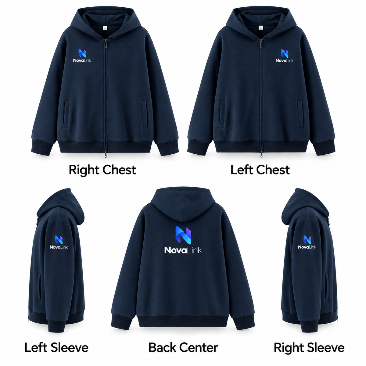 双向拉链连帽卫衣 logo placement guide: Right Chest, Left Chest, Left Sleeve, Back Center, Right Sleeve