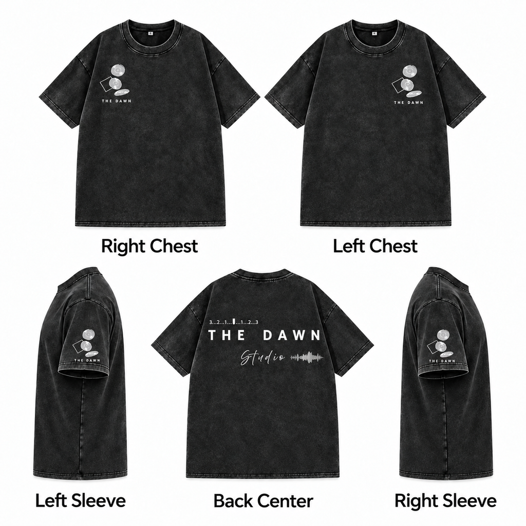 水洗 T 恤 logo placement guide: Right Chest, Left Chest, Left Sleeve, Back Center, Right Sleeve