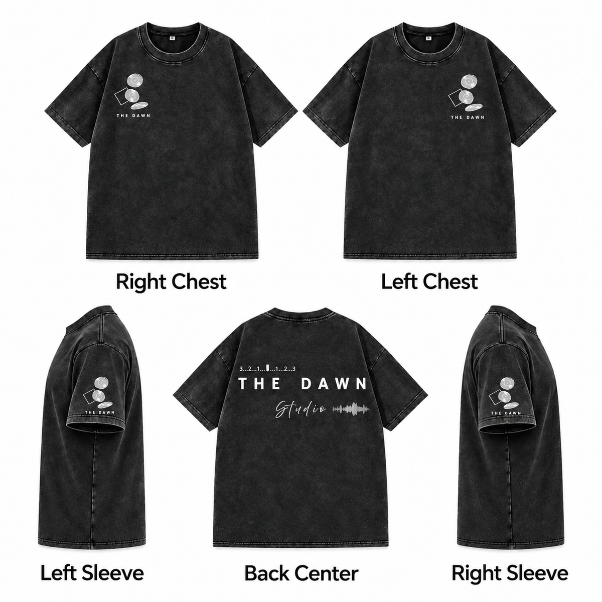 水洗 T 恤 logo placement guide: Right Chest, Left Chest, Left Sleeve, Back Center, Right Sleeve